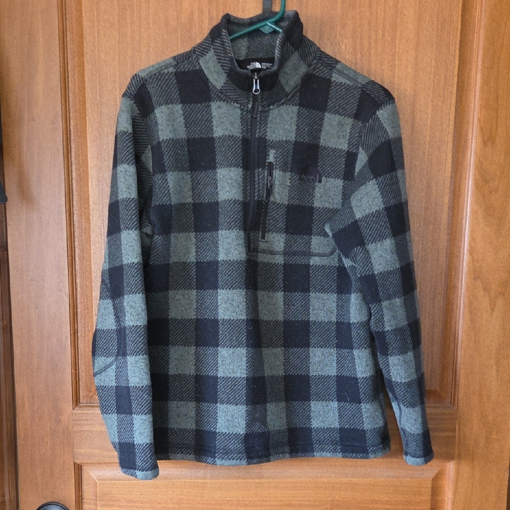 Men's North Face Black And Green Plaid Half Zip Fleece